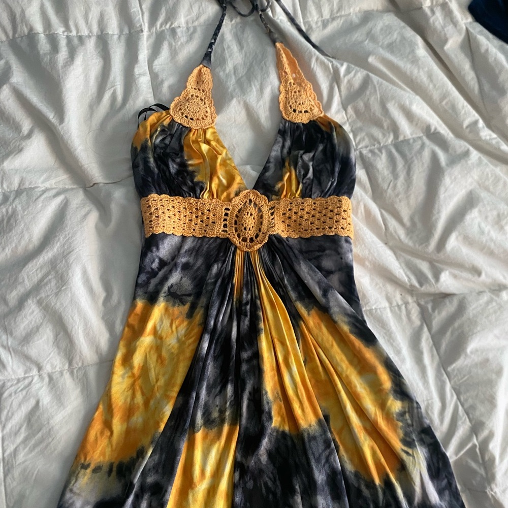 Sky Black and Gold Sundress Sleeveless Halter Resort Wear